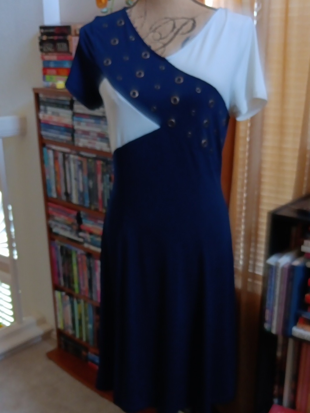 Navy and White Grommet-Accent Midi Dress